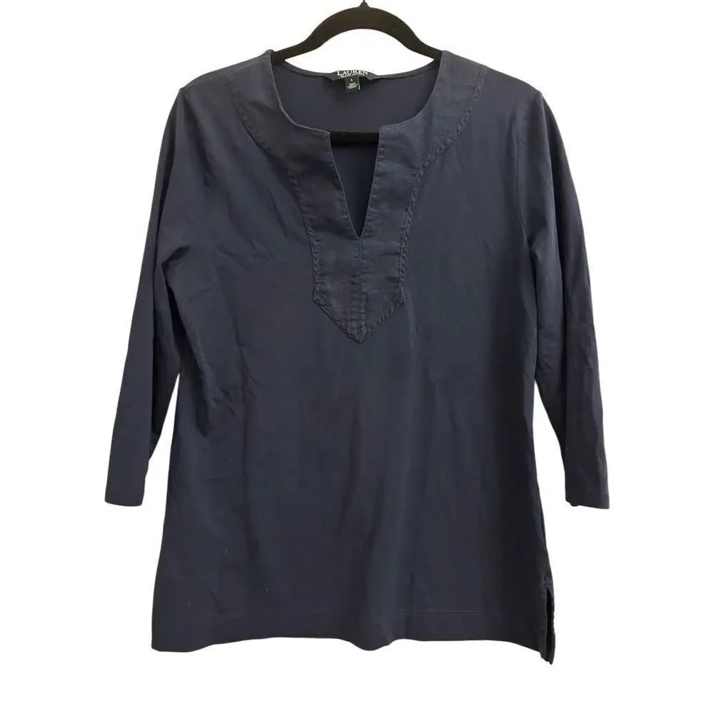 Ralph Lauren V-neck 3/4 sleeve shirt sz L navy 100% cotton